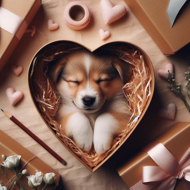 Foto un cucciolo che dorme in una scatola a forma di cuore