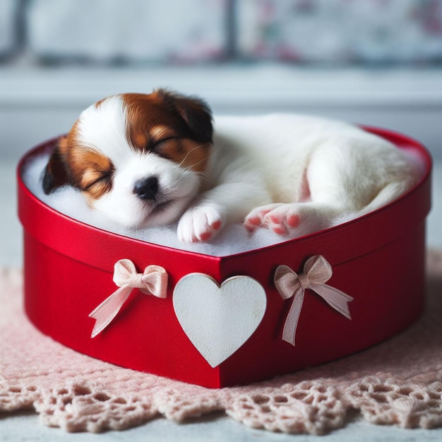 Foto un cucciolo che dorme in una scatola a forma di cuore