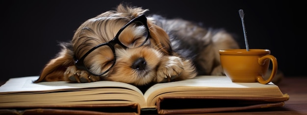 眼鏡をかけて開いた本の上で寝ている子犬