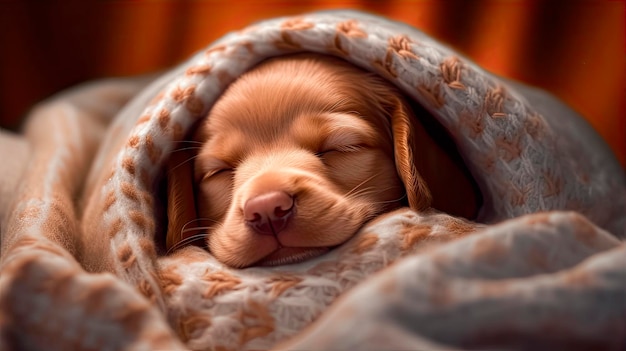 A puppy sleeps in a blanket with the word dog on it.