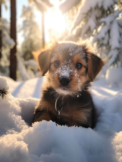 Puppy in snowfall coniferous winter forest sun rays breaking through trees