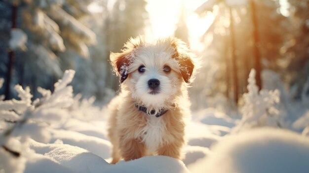 Puppy in snowy winter beautiful coniferous forest at sunny morning