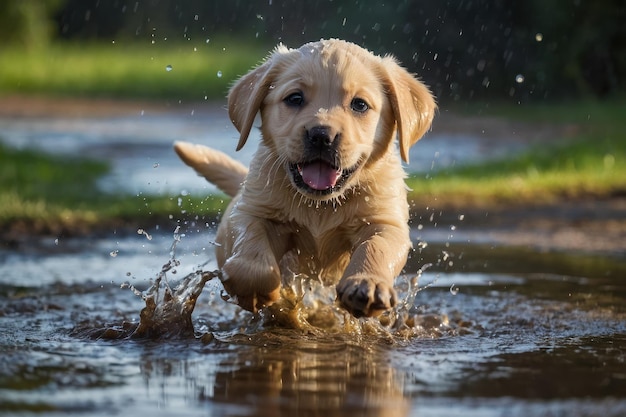 Puppy speelt in een modderpoel gecensureerd beeld