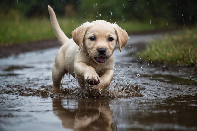 Puppy speelt in een modderpoel gecensureerd beeld