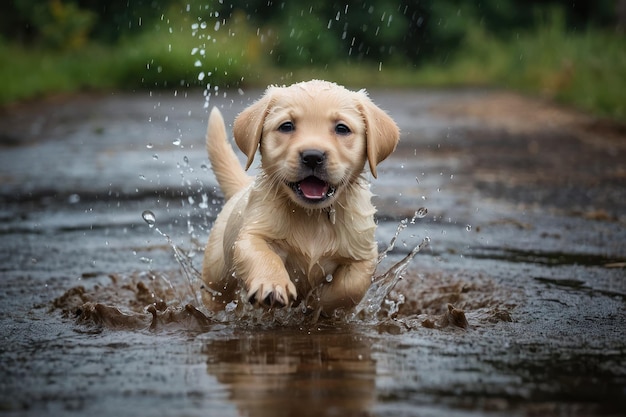 Puppy speelt in een modderpoel gecensureerd beeld