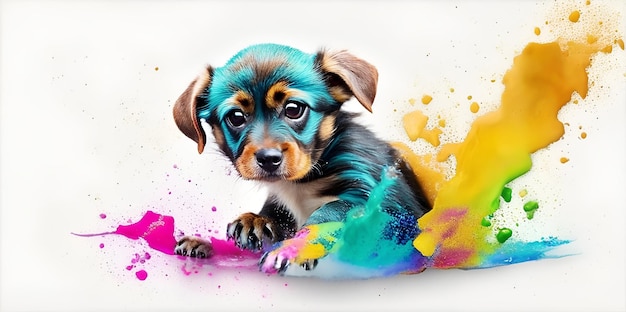 Puppy spelen in kleurrijke aquarel vies met kleurenplons Generatieve AI