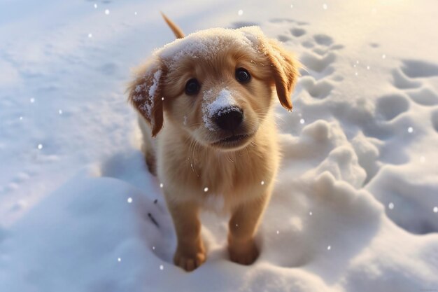 Puppy standing in the snow looking up at the camera generative ai