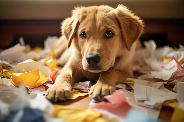 Puppy te midden van gescheurde papieren op de vloer Het concept toont speelse huishoudelijke chaos