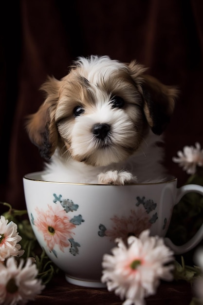 花が飾られたティーカップに入った子犬