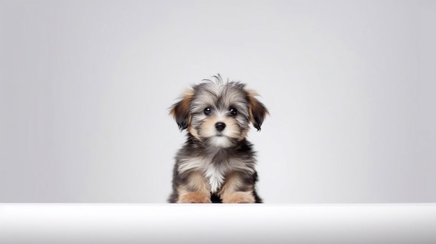 A puppy that is sitting down with its head up.