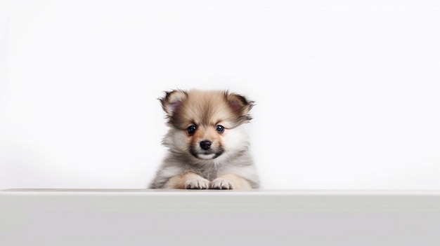 A puppy that is sitting down with its head up