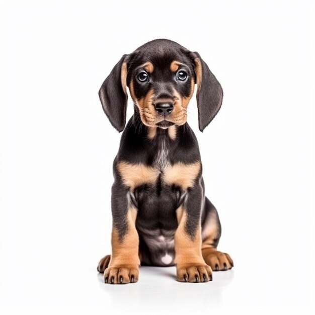 a puppy that is sitting on a white background