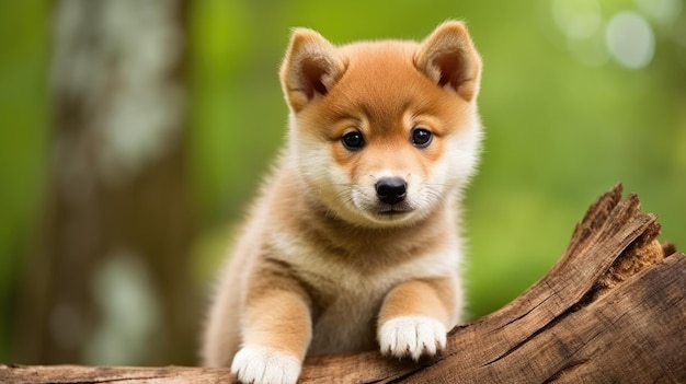 a puppy on a tree branch