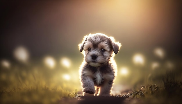 A puppy walking on a path with a background of grass and flowers.