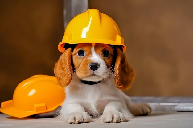 Puppy wearing a construction helmet generative ai