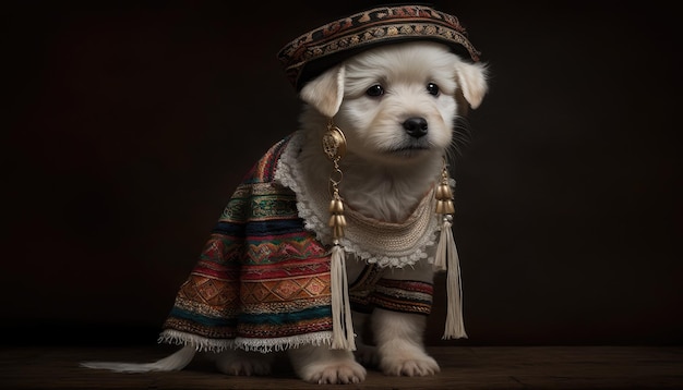 A puppy wearing a dress and hat with the word love on it