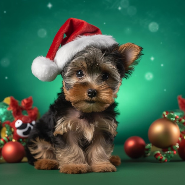 A puppy wearing a santa hat sits next to a christmas tree