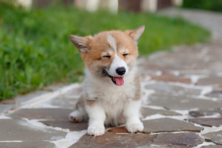 여름에 강아지 웨일스 어 Corgi 트랙 산책