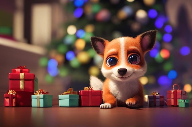 冬の森の子犬クリスマス背景