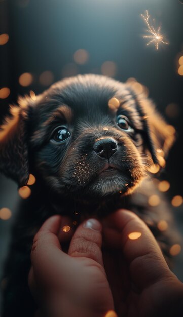 A puppy with a black face and a yellow background