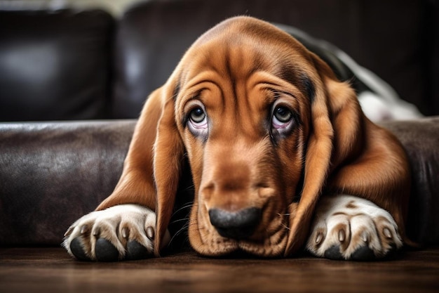 A puppy with a black nose laying on a couch.