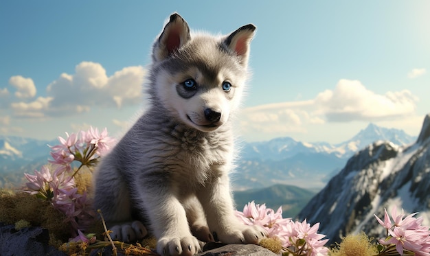 a puppy with blue eyes sits on a rock with flowers in the background