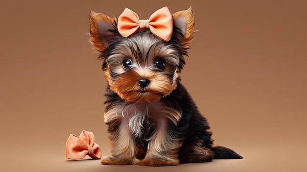 a puppy with a bow on its head