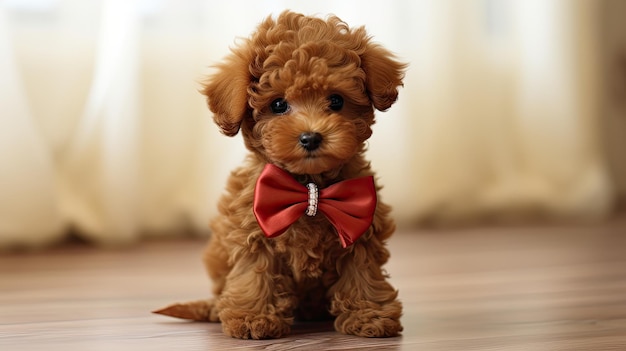 a puppy with a bow tie on its neck