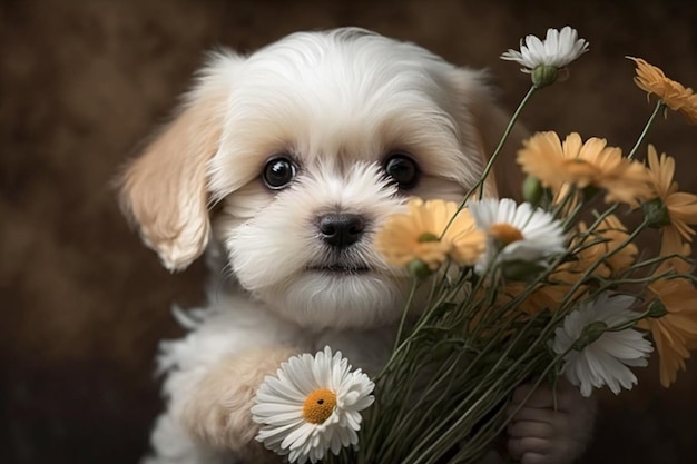 A puppy with a bunch of flowers