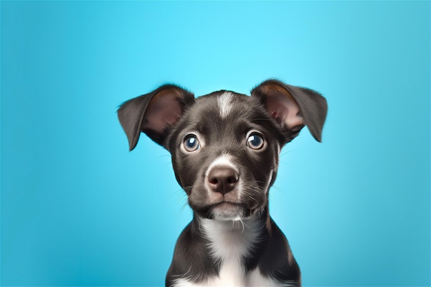 青い背景に垂れ耳の子犬が座っています。