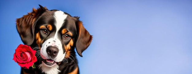 Puppy with a flower in his mouth on a blue panoramic background generative ai