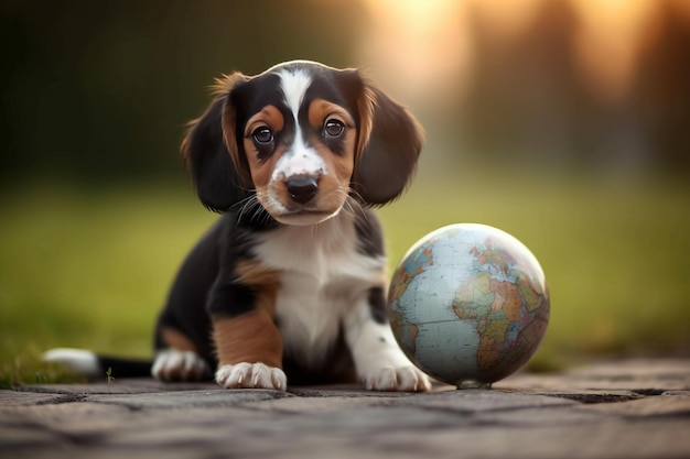 Foto un cucciolo con un globo davanti