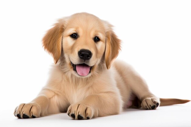 a puppy with its tongue hanging out is lying on a white background