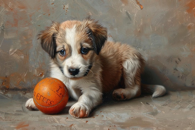 Photo a puppy with an orange ball and the word  us air  on it