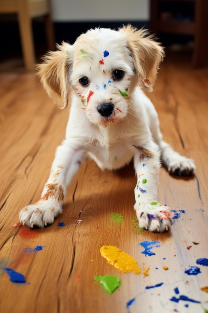 ペンキを塗られた子犬が誤ってリビングルームの床中にカラフルな足跡を残してしまった