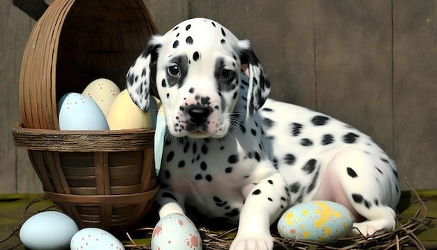 A puppy with painted eggs in front of it