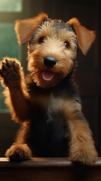 a puppy with a paw in the air