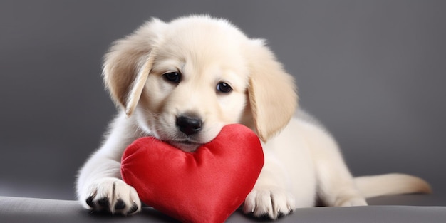 A puppy with a red heart in his mouth