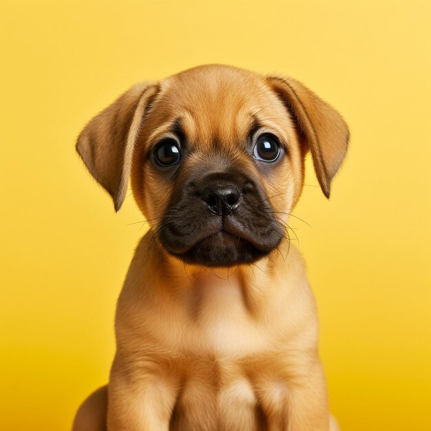 a puppy with a sad face is sitting on a yellow background.