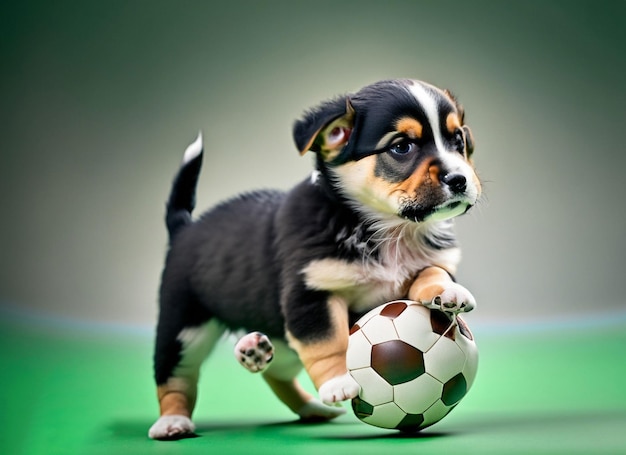 A puppy with a soccer ball on its paw.