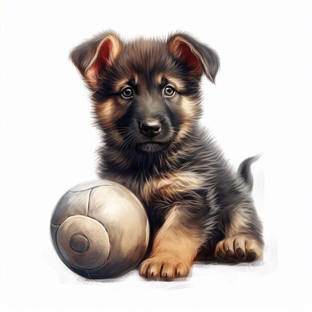 puppy with a soccer ball on a white background generative ai