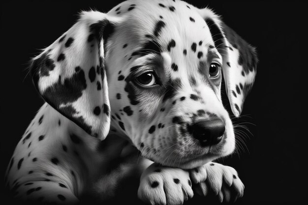 a puppy with spots on his face is looking at the camera