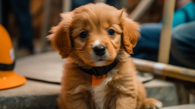 首輪にタグをつけた子犬