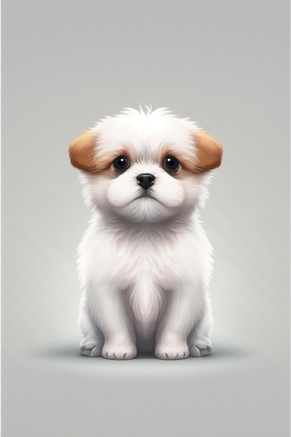 A puppy with a white face and brown eyes sits on a gray background.