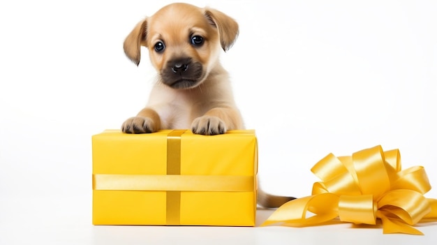 Puppy with yellow gift isolated on white background Ai