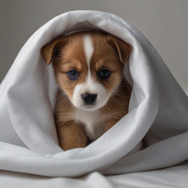 Photo a puppy wrapped in a blanket that is wrapped in a blanket