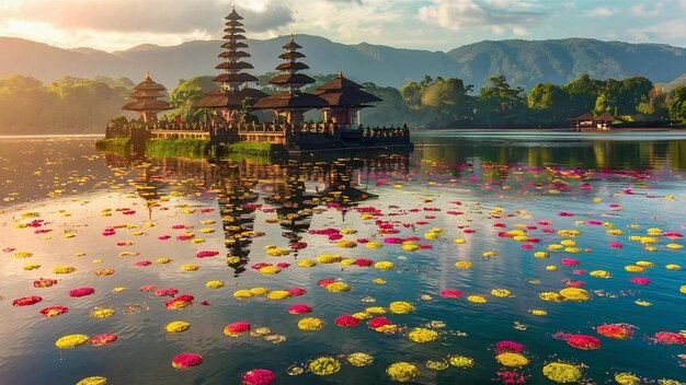 Pura ulun danu bratan bali hindu temple surrounded by flowers on bratan lake