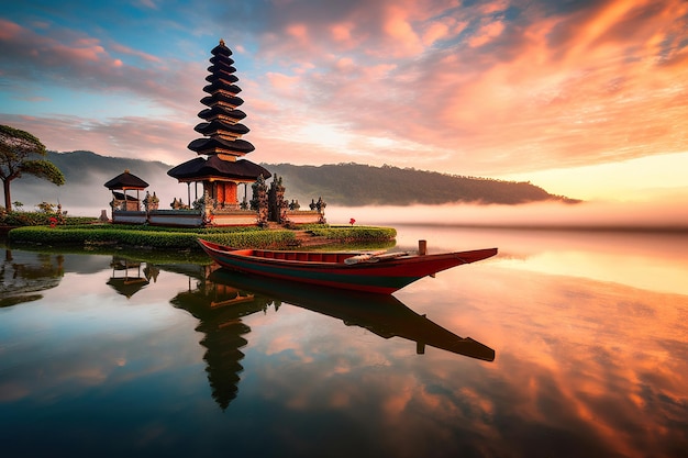 Pura Ulun Danu Bratan temple in Indonesia at sunset