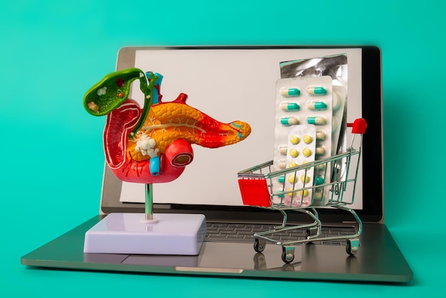 Purchase delivery of medicines to your home Small trolley with medicines and anatomical model human pancreas on a laptop