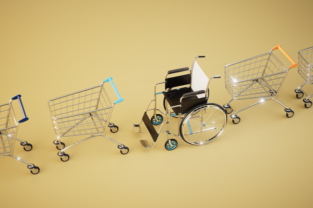 Purchases for people with disabilities a wheelchair among the food carts on yellow background